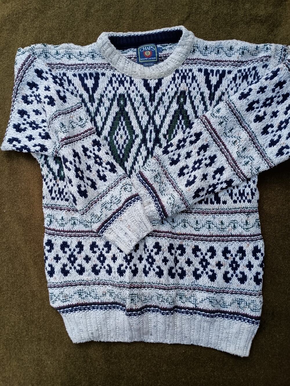 Vintage Chaps Ralph Lauren Sweater Womens Large White and Green Knit Cotton 90s
